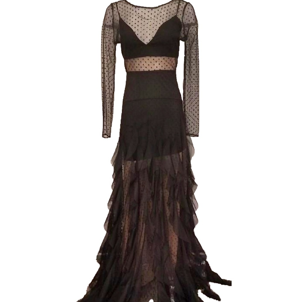 BCBGMAXAZRIA Black Full length Gown with Cascading Ruffles